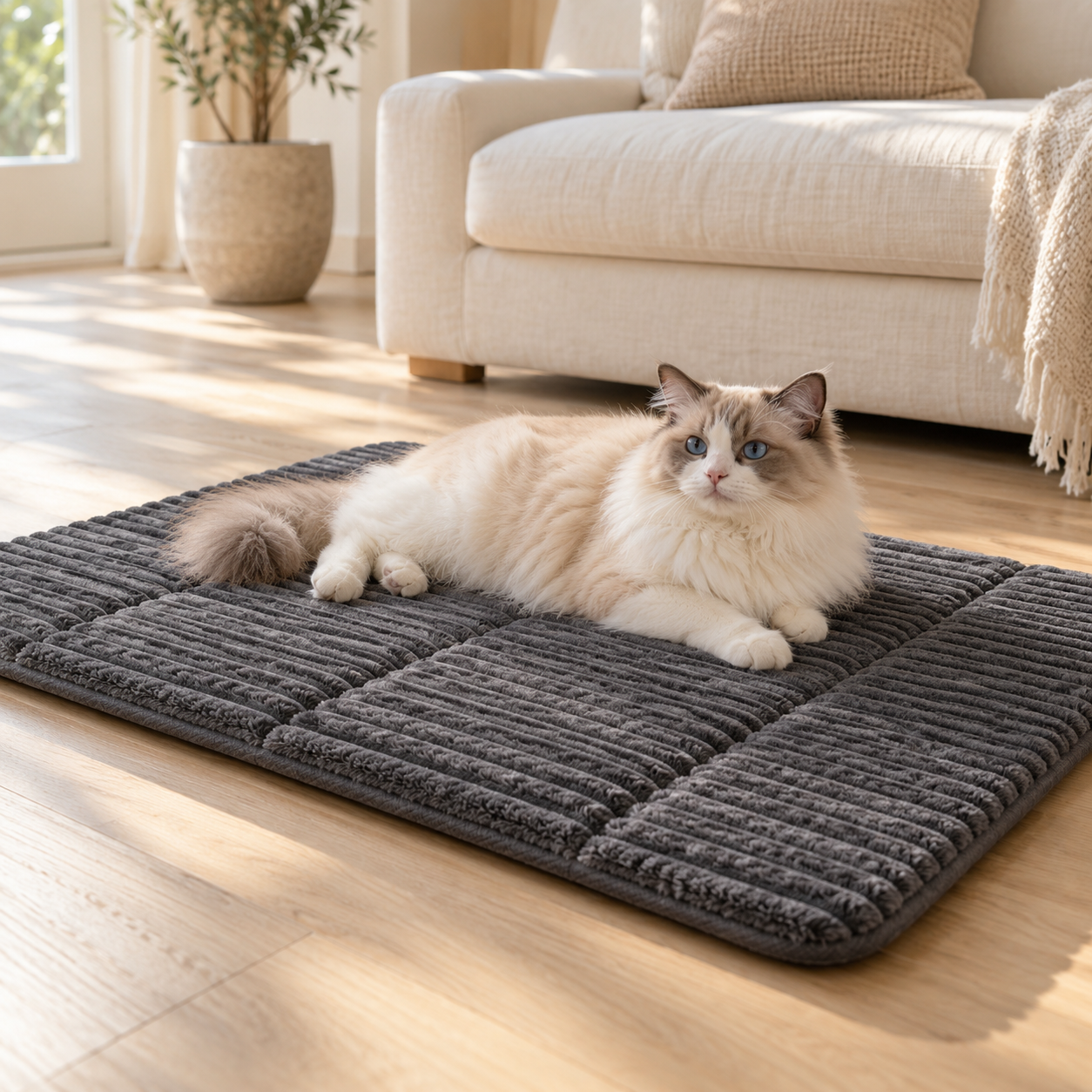 A cat resting on the grey Somivo pet mat