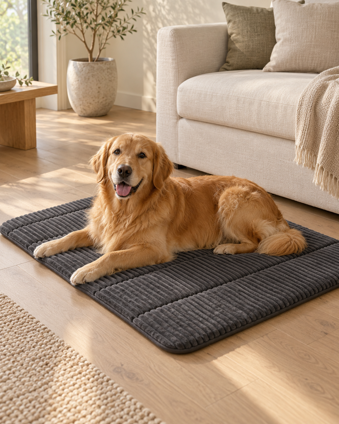 Golden retriever relaxing on a grey pet mat