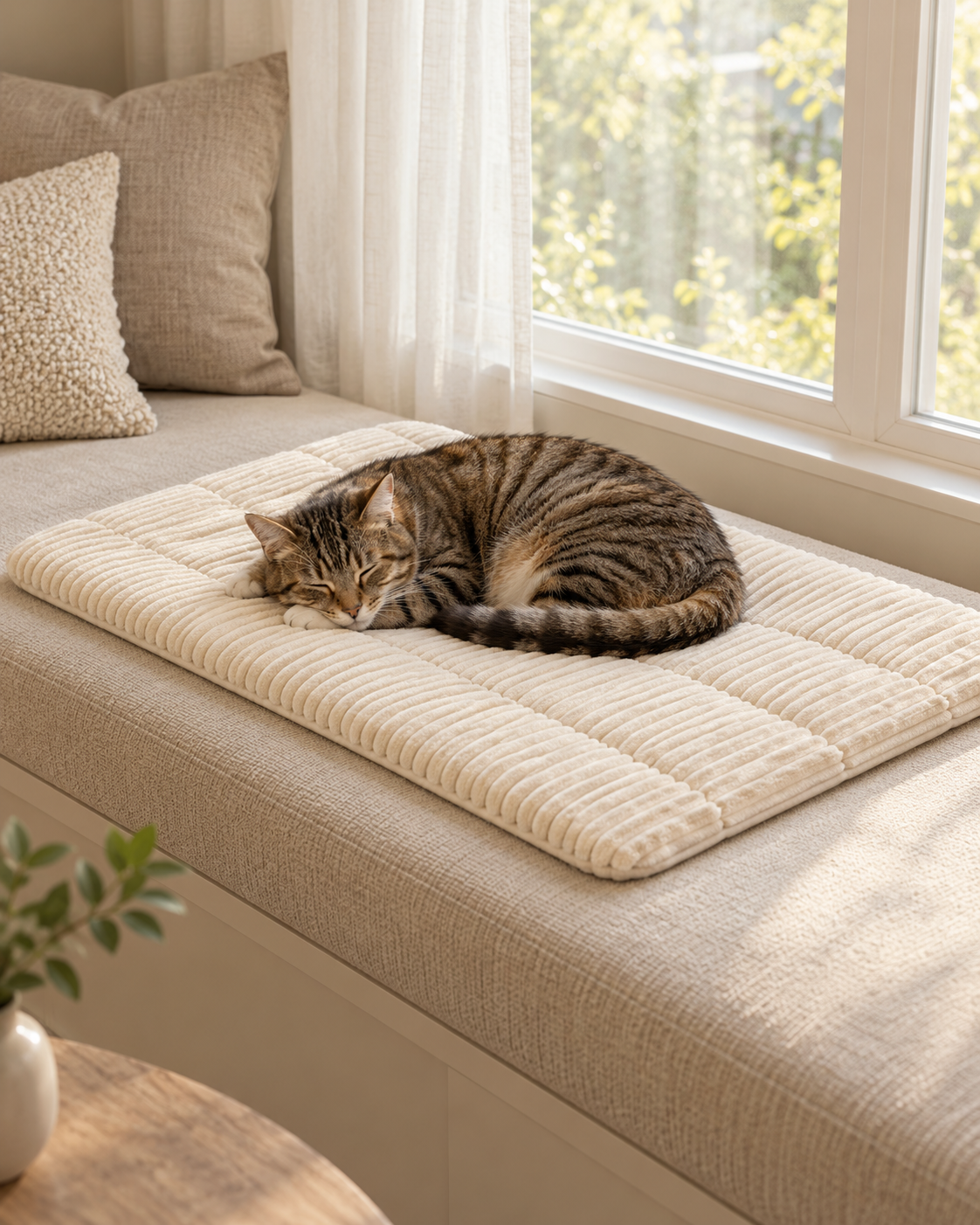 Tabby cat napping on an ivory pet mat