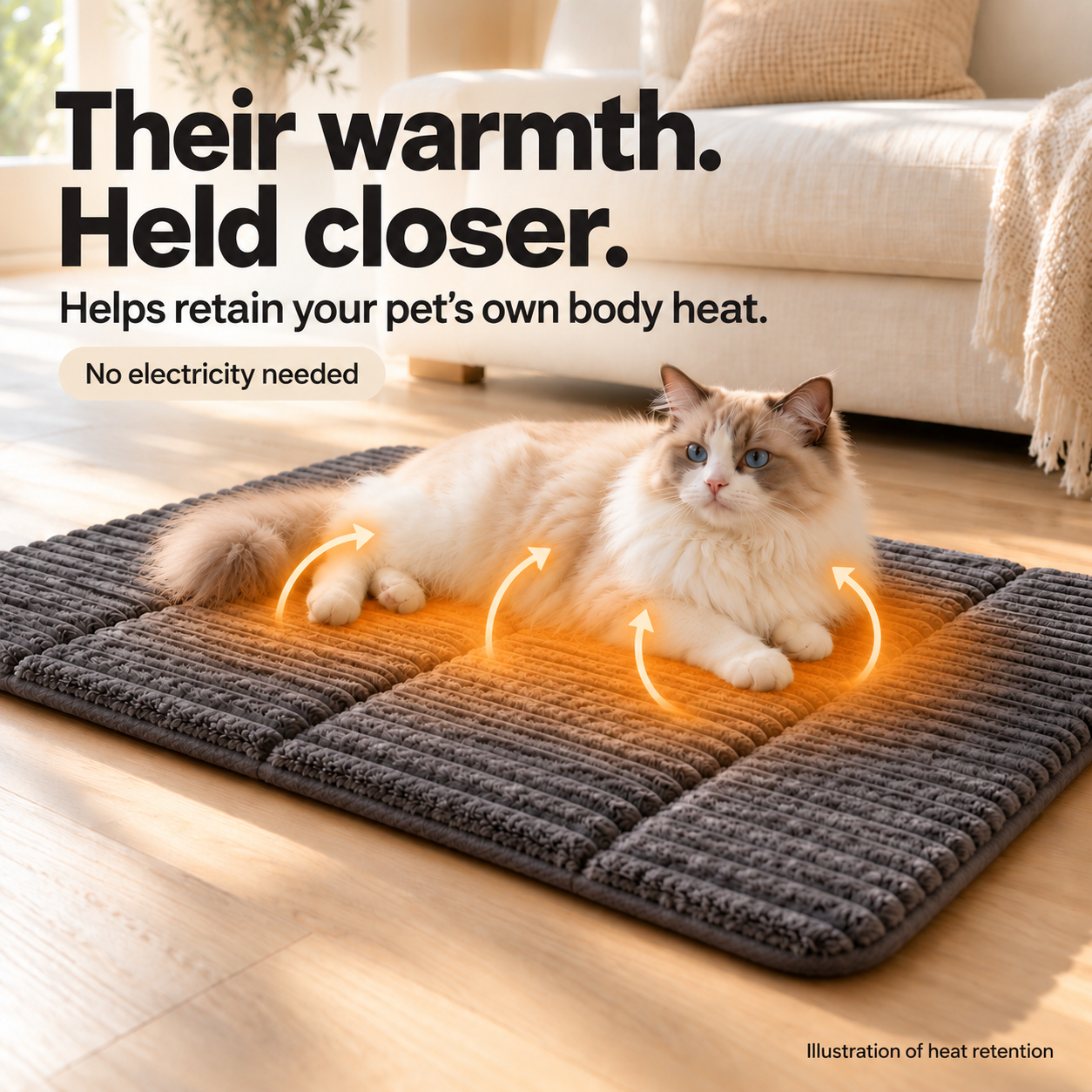 Illustration of heat retention: orange warmth glow around the cat on the Somivo mat, no electricity needed